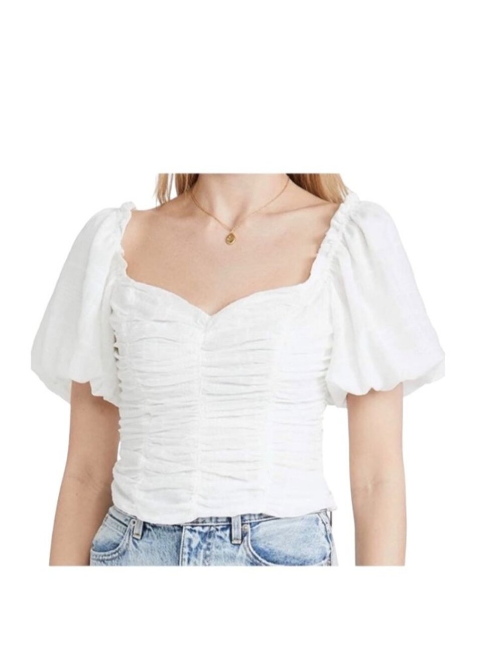 ASTR the Label Ruched Puff Sleeve Blouse White Size L Romantic Coquette Fairy